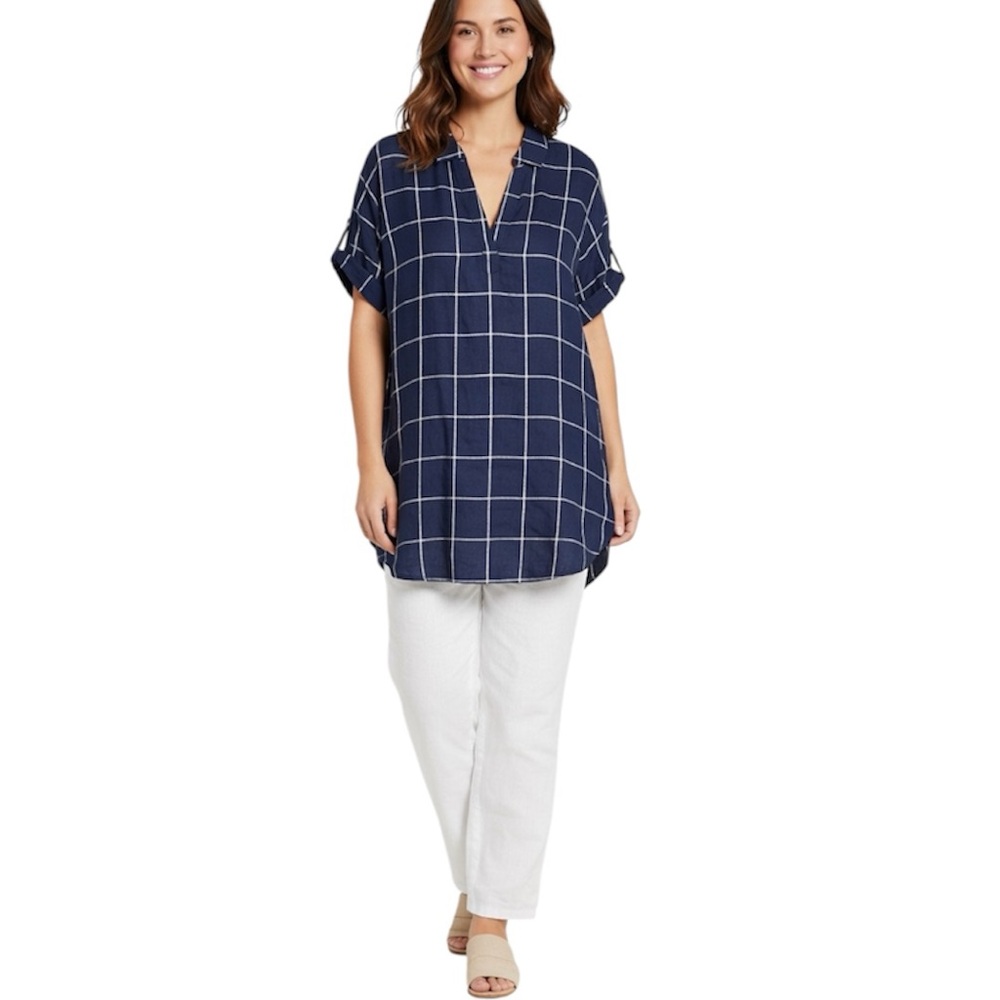 Tahari Blue White Check Linen Rayon Popover Lagenlook Tunic Top